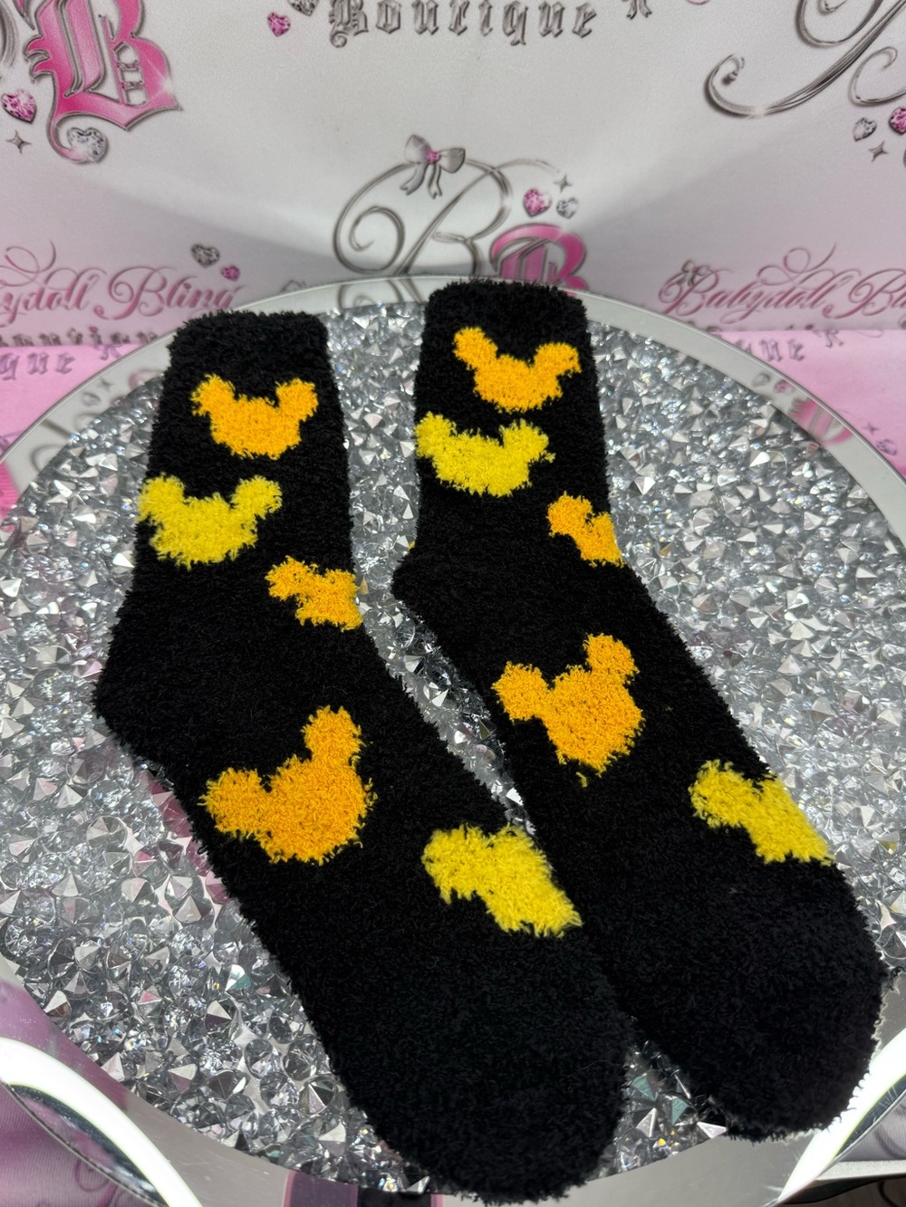 Disney slippers soft Black Fuzzy Slippers with Yellow mickey ears Motifs